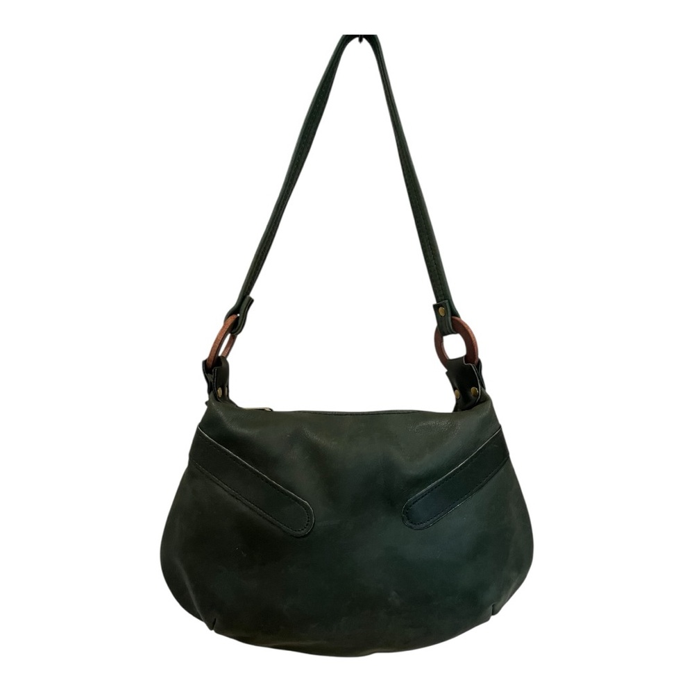 Dark forest Green hobo top handle leather bag wooden rings detail